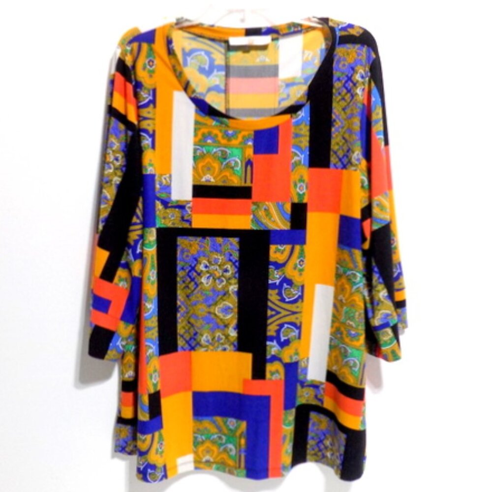 Jones Studio Women’s Wearable Art Multicolor Abstract 3/4 Sleeve Top – Size: 2X